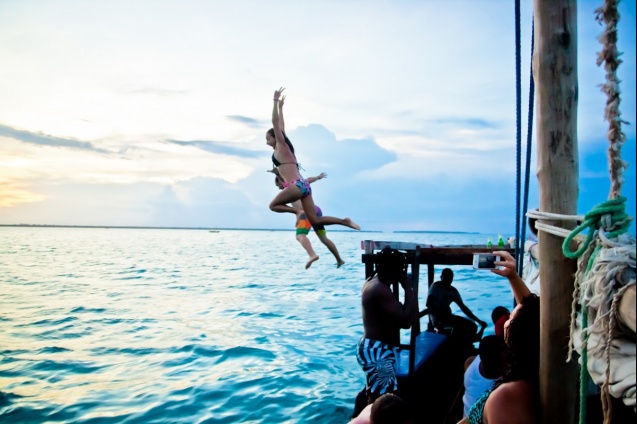 Swimming off a dhow in Zanzibar