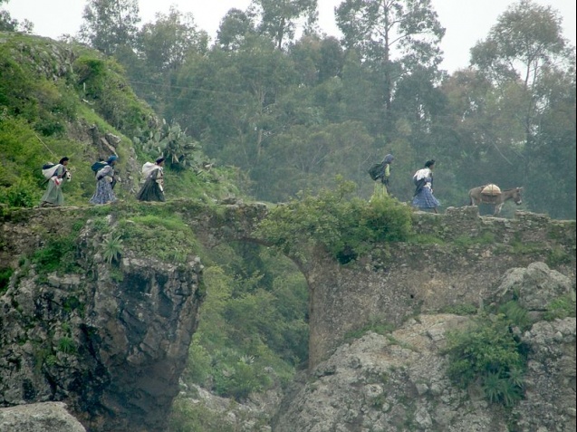 Villagers crossing bridge, Debre Libanos