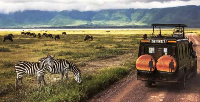 Safari vehicle overlooking Ngorongoro Crater in Tanzania, with wildlife grazing across the crater floor.