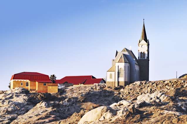 Felsenkirche and houses above the rocks with in Luderitz,Namibia