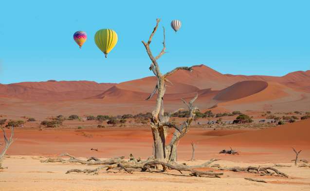 Hot air balloon flying over Dead trees in Dead Vlei - Sossusvlei, Namib desert, Namibia