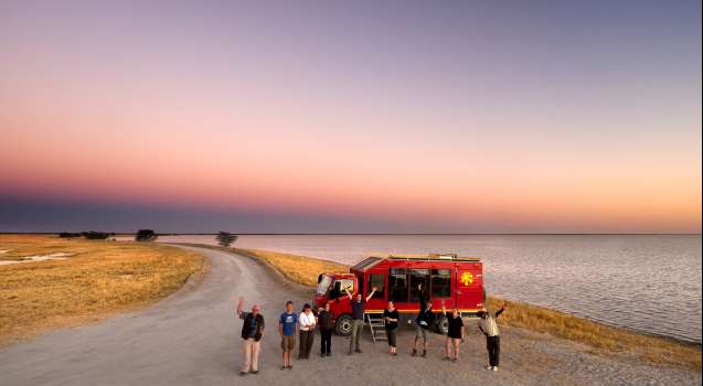 Overland truck in Makgadigadi Pan