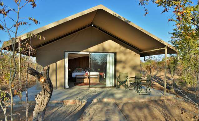 Family tent at safari eco lodge nestled into the bush